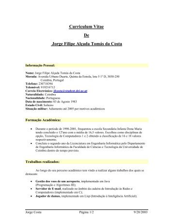 Curriculum Vitae De Jorge Filipe AlÃ§ada TomÃ¡s da Costa