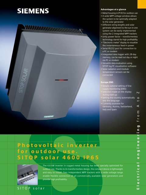 Photovoltaic inverter for outdoor use. SITOP solar 4600 ... - JHRoerden