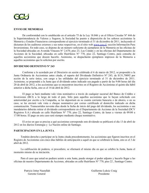 Carta CitaciÃ³n Junta Ordinaria de Accionistas - CCU Investor