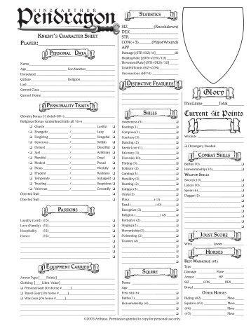 Pendragon 5th Edition Character Sheet