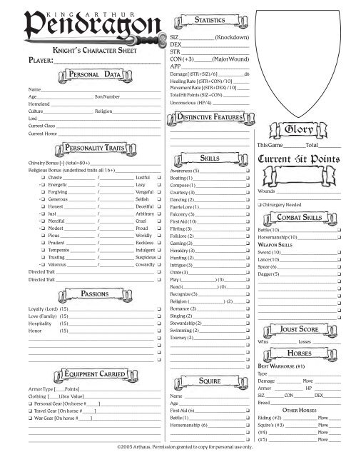 Pendragon 5th Edition Character Sheet