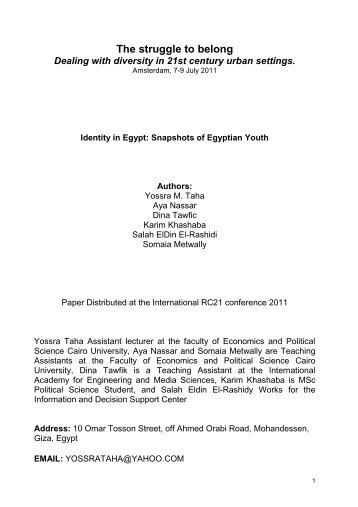 Identity in Egypt: Snapshots of Egyptian Youth - RC21 ORG ...