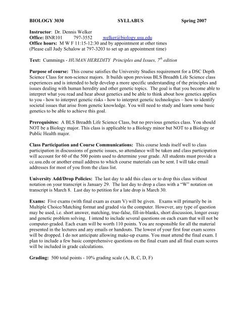 BIOLOGY 3030 SYLLABUS Spring 2007 Instructor: Dr. Dennis ...