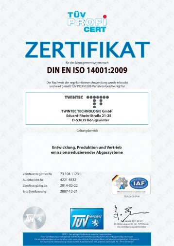 Zertifikat Nummer DIN EN ISO 14001:2009 (PDF - Twintec