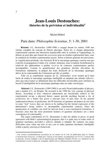 Jean-Louis Destouches: - michel bitbol philosophie de la physique