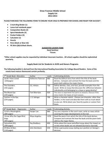 Drew Freeman Middle School Supply List 2012-2013 Supply Book ...