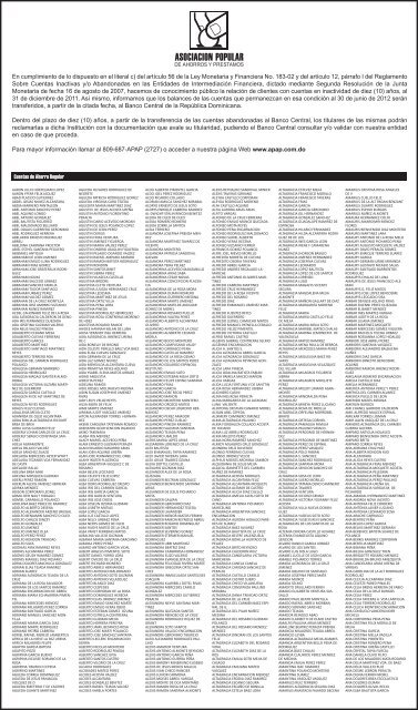 Cuentas abandonadas transferidas al Banco Central al 30 de junio