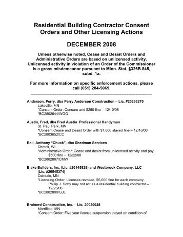 Residential Building Contractor Consent Orders and Other ...