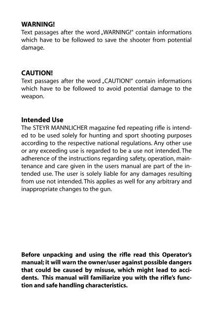 INSTRUCTIONS FOR USE BETRIEBSANLEITUNG - Steyr Mannlicher