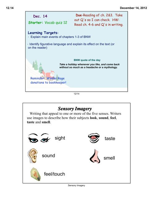 Sensory Imagery sight sound feel/touch smell taste