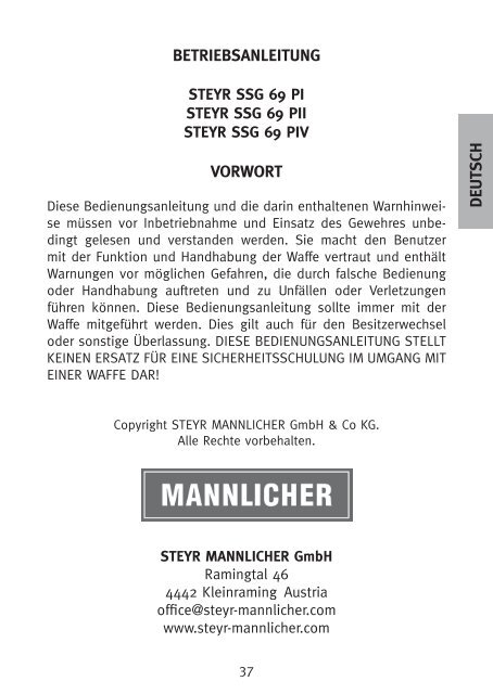 INSTRUCTIONS FOR USE BETRIEBSANLEITUNG - Steyr Mannlicher