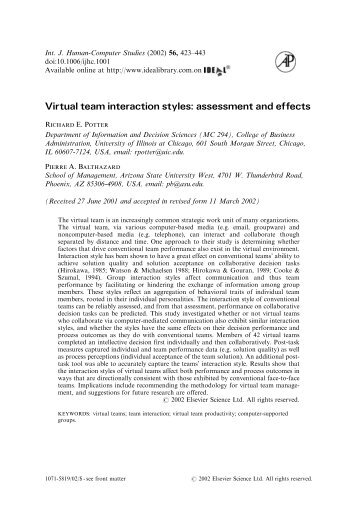 (2002). Virtual team interaction styles: Assessment and effects ...