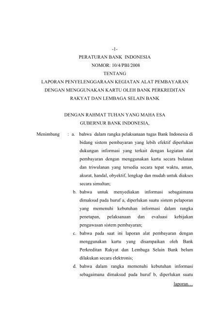 10/4/pbi/2008 tentang laporan penyelenggaraan ... - Bank Indonesia