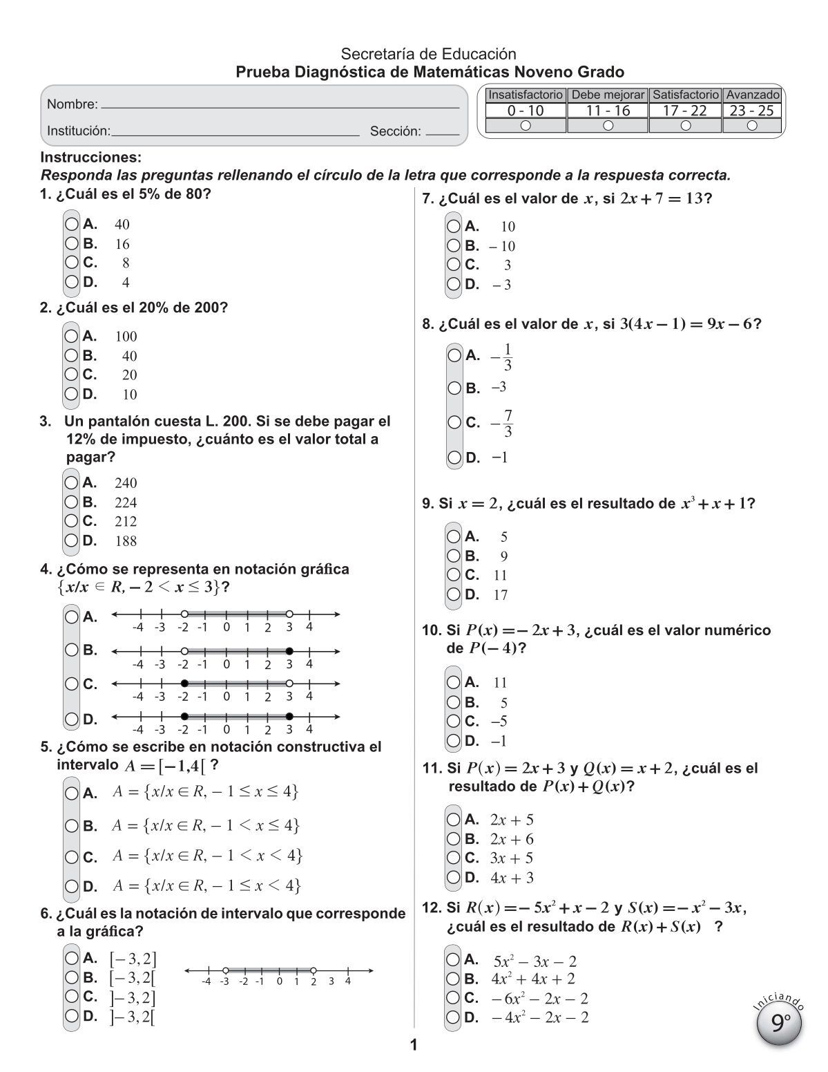 Diagnóstico Matemáticas online exercise for