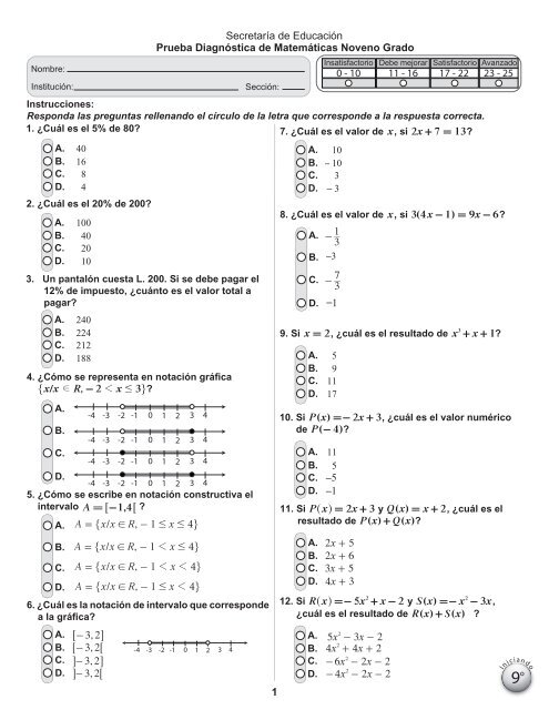 Prueba diagnóstica de Matemáticas - EQUIP123.net