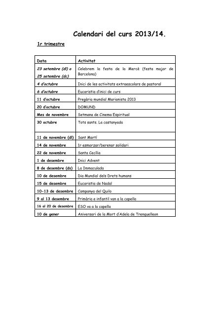 Calendari - Col·legi Adela de Trenquelleon