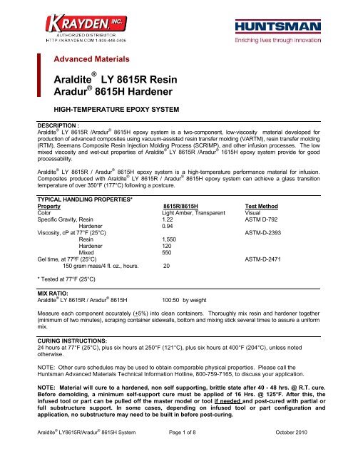 Araldite LY 8615R Resin Aradur 8615H Hardener - Krayden, Inc.