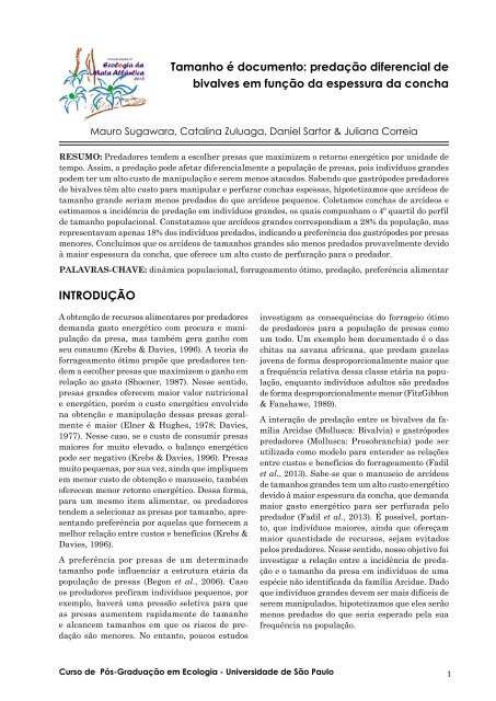 predação diferencial de bivalves em função da espessura da concha