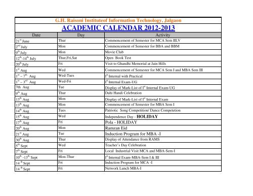 Academic Calendar - GH Raisoni Institute Of Business Management ...