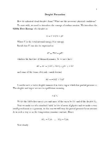 Droplet Formation Gibbs Free Energy of a droplet as