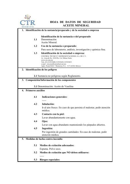 Aceite Mineral MSDS - CTR Scientific