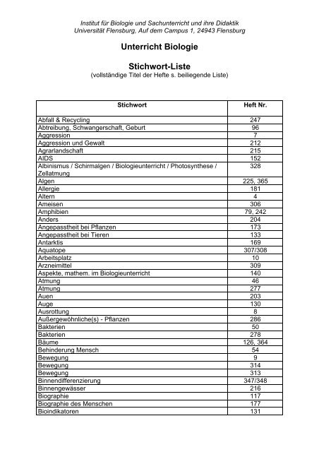 Unterricht Biologie Stichwort Liste Universitat Flensburg