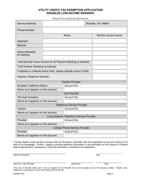 Disabled Low-Income Utility Tax Exemption Form - City of Norwalk