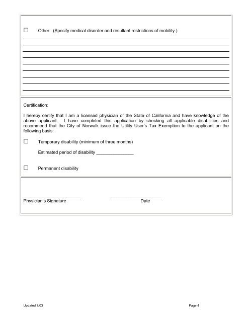 Disabled Low-Income Utility Tax Exemption Form - City of Norwalk