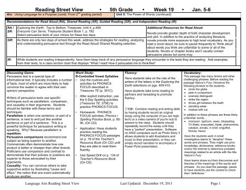 Reading street view Ã¢Â€Â¢ 5th grade Ã¢Â€Â¢ week 19 Ã¢Â€Â¢ jan. 5-6