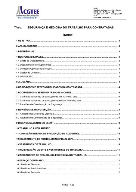 Segurança e Medicina do Trabalho para Contratadas. - CGTEE