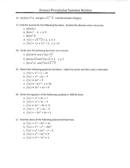 Honors Precalculus Summer Review