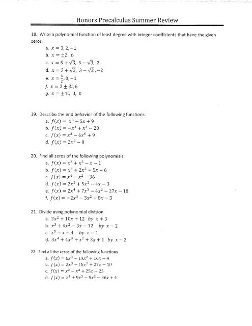 Honors Precalculus Summer Review