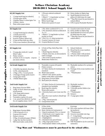 SUPPLY LIST 2010-2011 (Read-Only) - Seffner Christian Academy