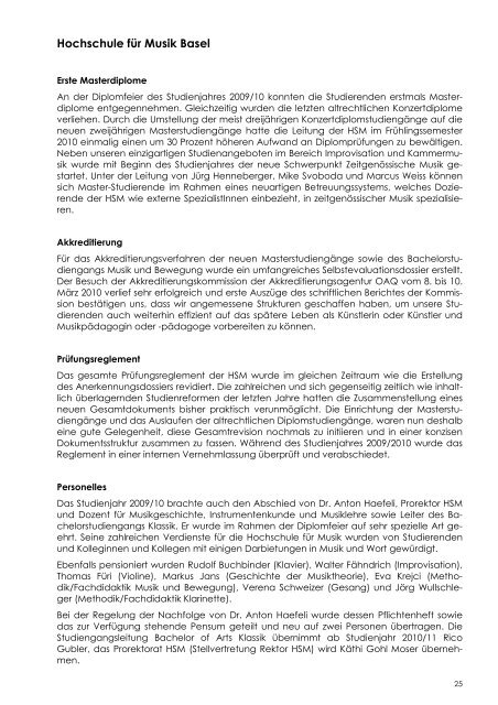 MUSIK AKADEMIE BASEL 143. Jahresbericht 2009/2010