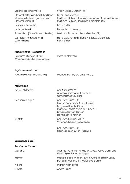 MUSIK AKADEMIE BASEL 143. Jahresbericht 2009/2010