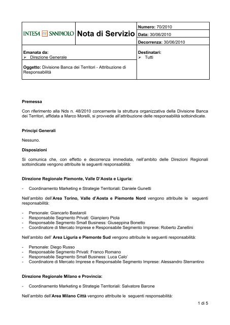 Nota di servizio 70/10. Divisione Banca dei Territori - FISAC Piemonte