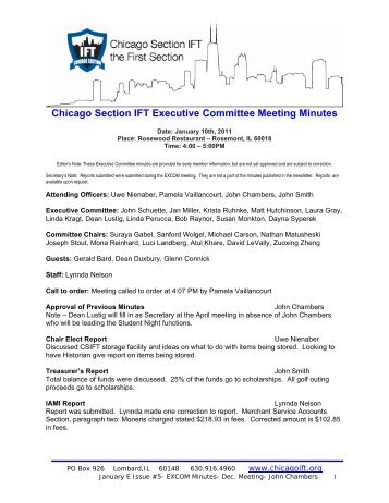Chicago Section IFT Executive Committee Meeting Minutes - CSIFT