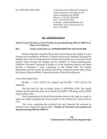 TENDER NOTICE Sealed competitive Tenders - Government of Kerala