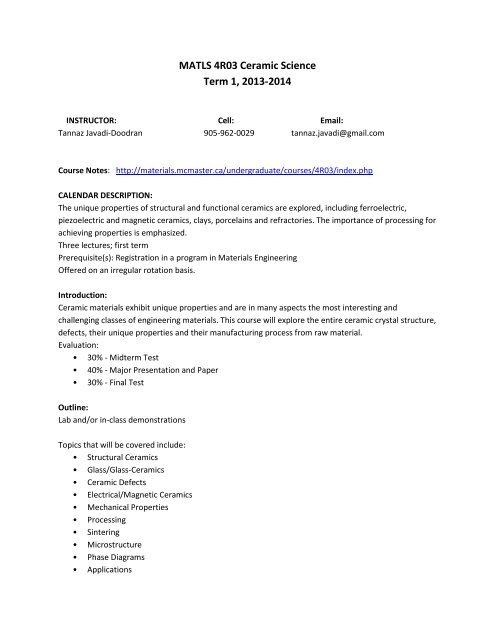 MATLS 4R03 Ceramic Science Term 1, 2013-2014 - Course Notes