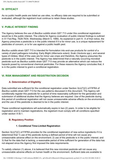 EPA: Bacillus subtilis Strain QST 713 (006479) BRAD - REBECA