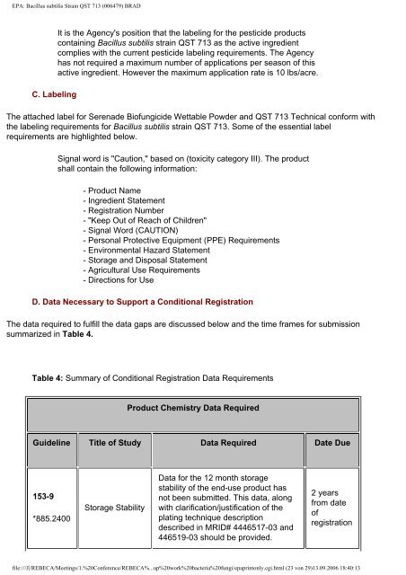 EPA: Bacillus subtilis Strain QST 713 (006479) BRAD - REBECA