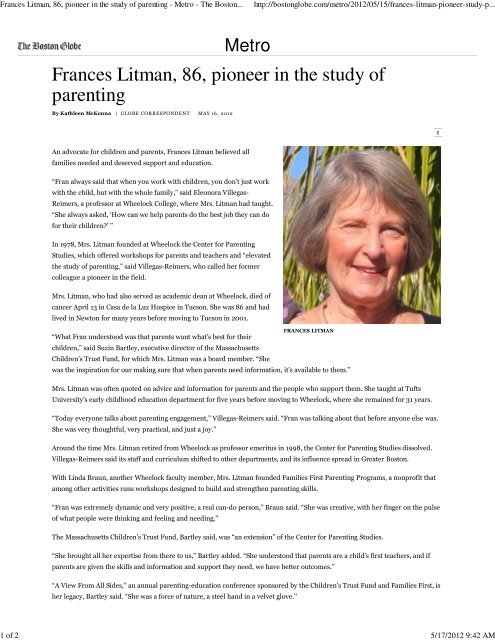 Frances Litman, 86, pioneer in the study of parenting - Families First ...