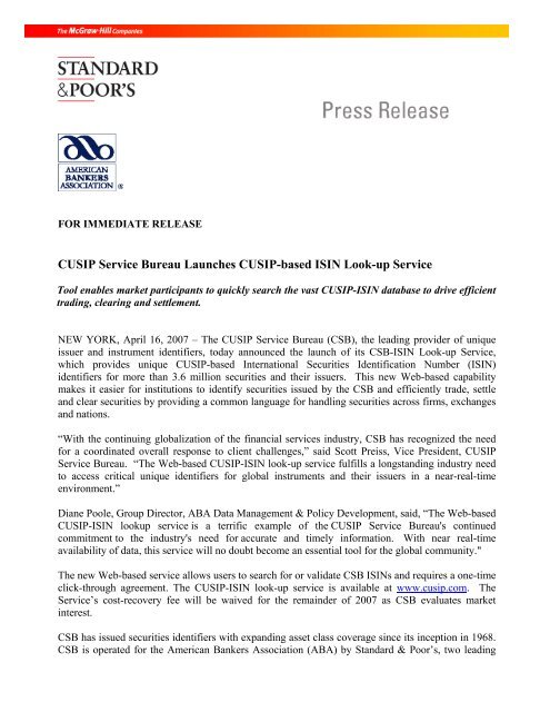CUSIP Service Bureau Launches CUSIP-based ISIN Look-up Service