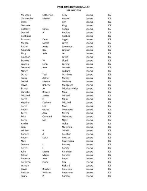 PART-TIME HONOR ROLL LIST SPRING 2010 FIRST NAME MI ...