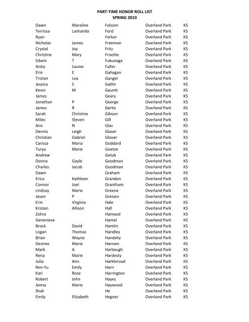 PART-TIME HONOR ROLL LIST SPRING 2010 FIRST NAME MI ...