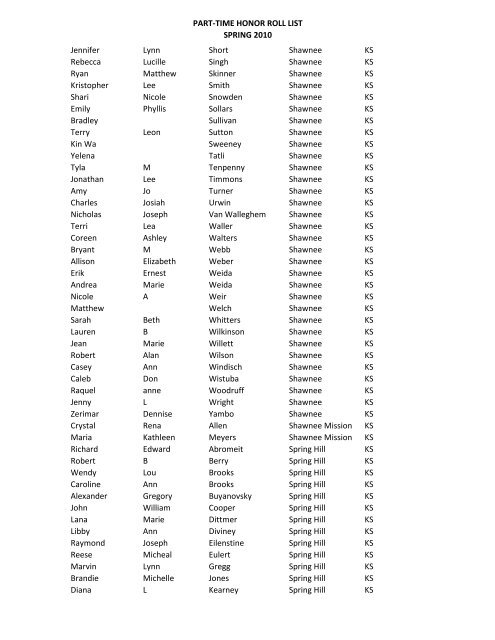 PART-TIME HONOR ROLL LIST SPRING 2010 FIRST NAME MI ...