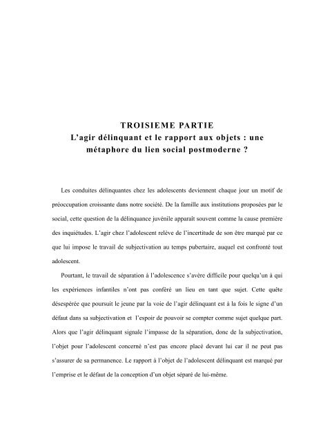 LA DÃLINQUANCE JUVÃNILE ET LA QUESTION DE L'OBJET