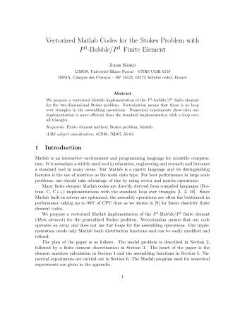 Vectorized Matlab Codes for the Stokes Problem with P1 ... - ISIMA