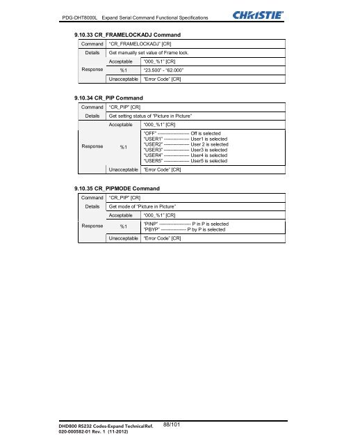 Christie DHD800 Serial Communications Protocol-Extended