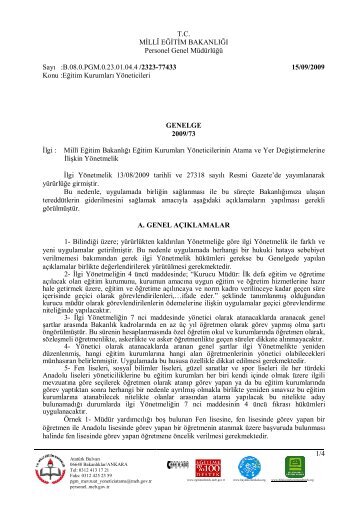 2009/73 Nolu Genelge - Milli EÄitim BakanlÄ±ÄÄ± Personel Genel ...